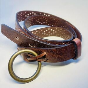New! Rylee Slim Perforated Italian Leather Belt with Brass Buckle